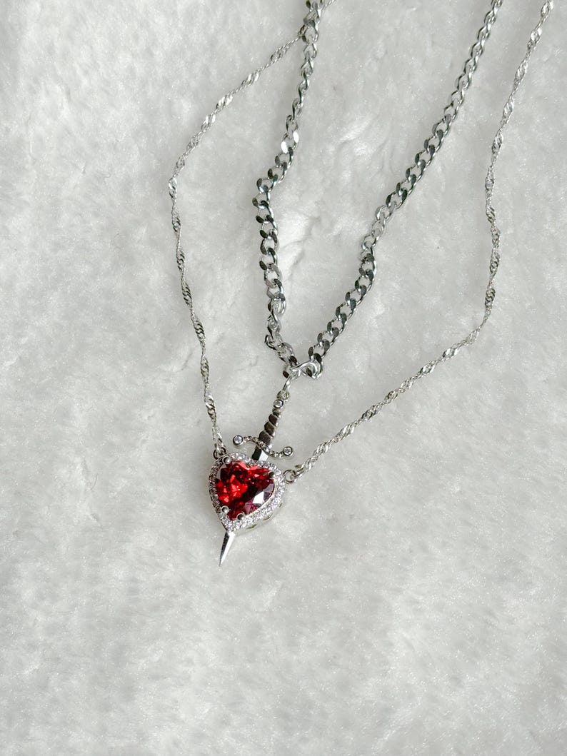 Heart and Sword Necklace - Couple Necklaces - 2pcs Necklace - Silver Plated