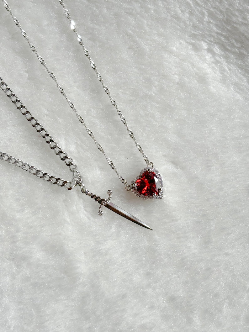 Heart and Sword Necklace - Couple Necklaces - 2pcs Necklace - Silver Plated