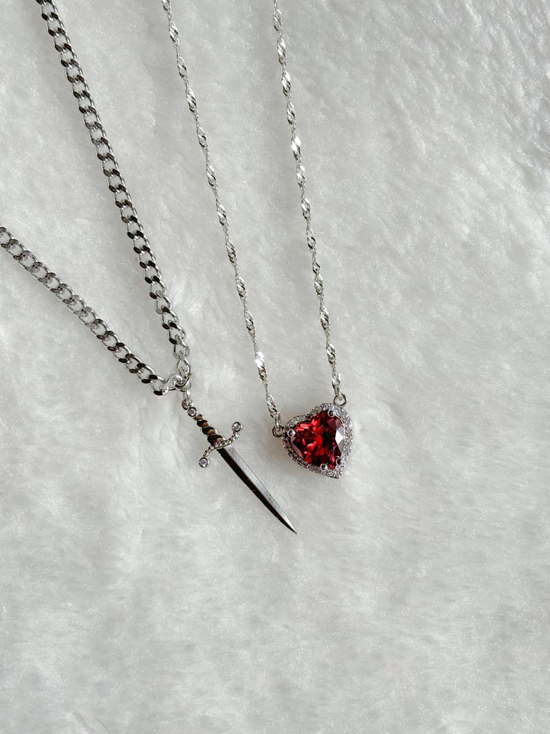 Heart and Sword Necklace - Couple Necklaces - 2pcs Necklace - Silver Plated