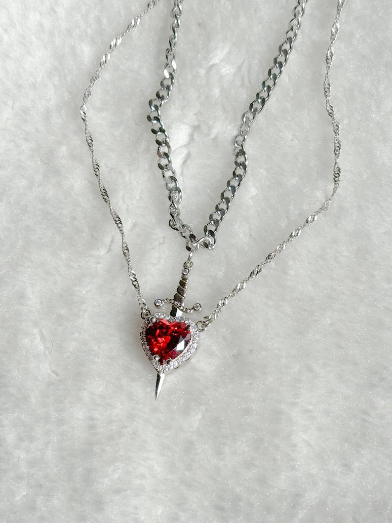 Heart and Sword Necklace - Couple Necklaces - 2pcs Necklace - Silver Plated