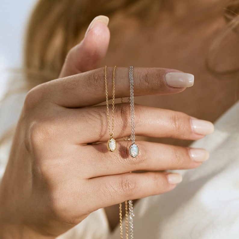 Dainty White Opal Necklace, Oval White Opal Pendant, Real Opal Necklace, Women Christmas Gift, Birthday Gift for Her