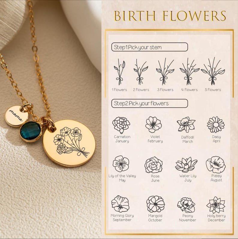 Family Birth Flower Bouquet Necklace, Engraved Birthflower Pendant, Mothers day Gift, Birthstone Jewelry, Christmas Gift, Birthday Gifts