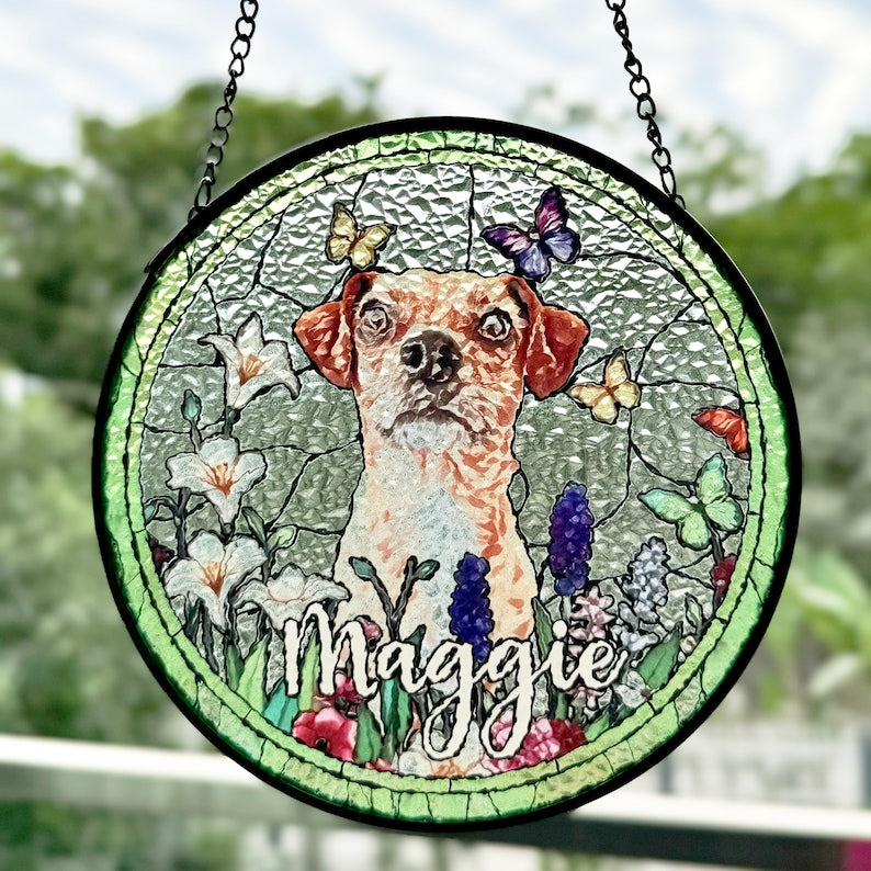 Custom Dog Portrait Art Suncatcher,Custom Pet Portrait,Stained Glass Dog Memorial,Custom Dog Portrait from Photo,Indoor Decor CDS01